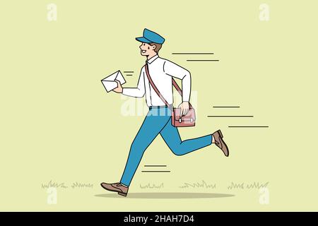 Lavorare come postman con lettere concetto. Giovane uomo sorridente che lavora come postino indossando uniforme che corre che si fa male con lettera per persona illustrazione vettoriale Illustrazione Vettoriale