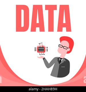 Visualizzazione dei dati del segnale. Business idea pezzo di informazioni fatti e statistiche raccolti come riferimento Man disegno Standing e Holding computer Foto Stock