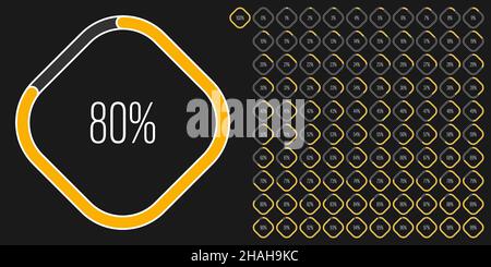 Set di diagrammi percentuali rettangolari metri da 0 a 100 pronti all'uso per web design, interfaccia utente o infografica - indicatore giallo Illustrazione Vettoriale