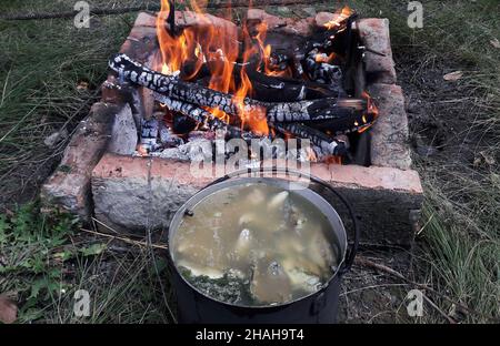 Zuppa di pesce cotta al fuoco, cotta in una grande pentola accanto ad una griglia fiancheggiata da mattoni illuminati a terra Foto Stock