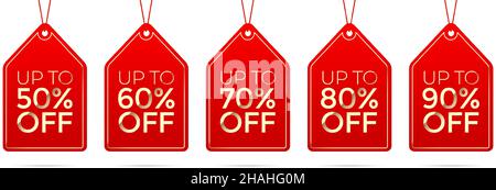 Set vettoriale di etichette di vendita rosse appese con numeri percentuali diversi, isolate su sfondo bianco Illustrazione Vettoriale