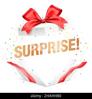 Scatola regalo bianca esplosa con nastro rosso, testo a sorpresa e confetti colorati isolati sullo sfondo. Illustrazione vettoriale di festive giftbox. Illustrazione Vettoriale