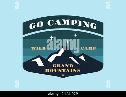 Camping patch. Camp Mountain explorer, avventura all'aperto. Adesivo da viaggio, emblema del parco nazionale d'epoca. Escursioni selvatiche in foresta elemento vettoriale ordinato Illustrazione Vettoriale