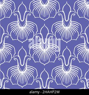 Sfondo stilizzato lily floral vettoriale senza cuciture. Perivinkle viola viola vintage effetto stencil fiori sfondo geometrico. Ripetizione botanica Illustrazione Vettoriale