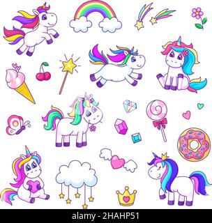 Set di simpatici unicorni. Personaggi unicorno, pony magico stile fata ed elementi. Graziosi adesivi girly, gelato, arcobaleno e nuvole garish vettore set Illustrazione Vettoriale