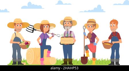 Gruppo di coltivatori. Agricoltura contadino, comunità di lavoratori agricoli. La gente lavora a terra, piantando e giardinaggio. Mercato locale proprietari decente scena vettoriale Illustrazione Vettoriale