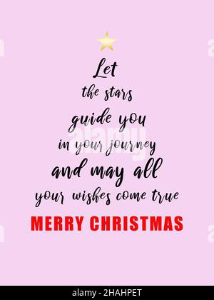 Pink Christmas card written with a positive wish in the shape of a Christmas tree with a star. Foto Stock