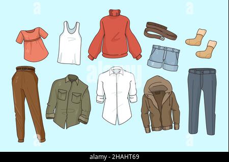 Collezione di vari capi di abbigliamento per uomo e donna. Set di abbigliamento e abbigliamento diversi per uomo e donna. Stile e moda. Abbigliamento e accessori. Vendita e sconto. Illustrazione vettoriale. Illustrazione Vettoriale