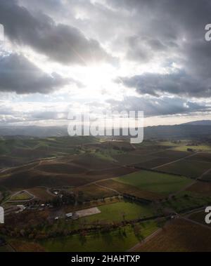 Le nubi basse del pomeriggio si estendono su vigneti panoramici nella regione della Tri-Valley nella California settentrionale, appena ad est della Baia di San Francisco. Foto Stock