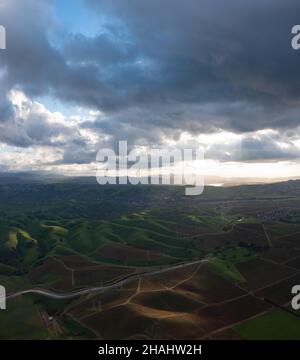 Le nubi basse del pomeriggio si estendono su vigneti panoramici nella regione della Tri-Valley nella California settentrionale, appena ad est della Baia di San Francisco. Foto Stock