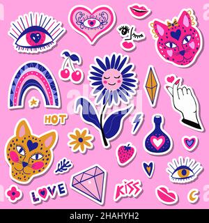 Mystic boho amore moderno astratto tendenza stile adesivi icone, patch badge con cuori e occhi. San Valentino, concetto romantico per carte, poster Illustrazione Vettoriale