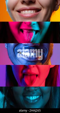 Immagine composita verticale di primo piano maschio e femmina bocche sorridenti aperte isolate su backgorund colorato al neon. Pezzi multicolore. Foto Stock