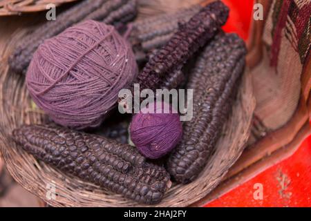 Un'esposizione alla cooperativa di tessitura di una donna a Chinchero che illustra come vengono usati i coloranti naturali. Foto Stock