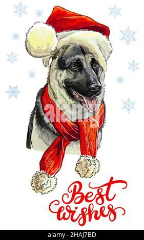 Biglietto di auguri. Divertente ritratto tedesco di cane pastore con una sciarpa e cappello di Natale con fiocchi di neve e scritte. Illustrazione vettoriale. Per arredamento, design Illustrazione Vettoriale