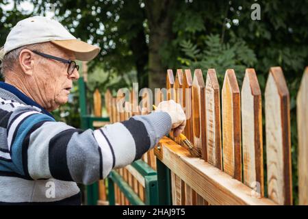 Uomo anziano attivo che dipinge recinzione in legno in giardino. Vecchio artigiano che lavora in cortile. Riparazione recinzione picket Foto Stock