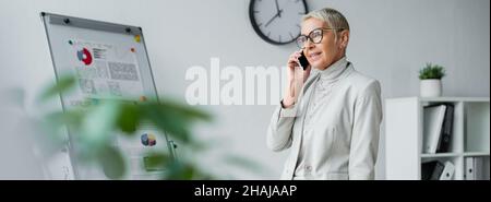 donna d'affari sorridente anziana che parla sul cellulare, banner Foto Stock