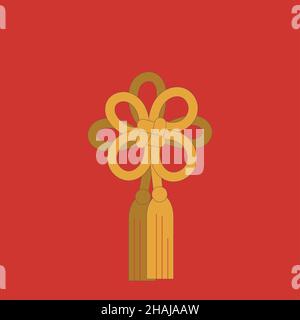 Decorazione tradizionale cinese per il nuovo anno. Nodo d'oro su sfondo rosso. Illustrazione vettoriale piatta. Illustrazione Vettoriale