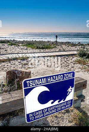CALIFORNIA tsunami zona di pericolo terremoto segno sulla calma costa 17 miglia Drive Pacific Grove Monterey California USA Foto Stock