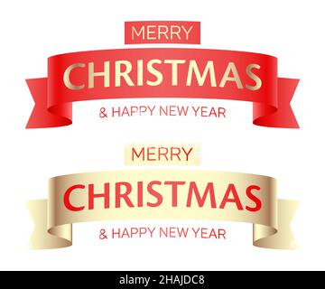 Set vettoriale di buon Natale e felice anno nuovo saluto nastri rossi e dorati, isolati su sfondo bianco. Illustrazione Vettoriale