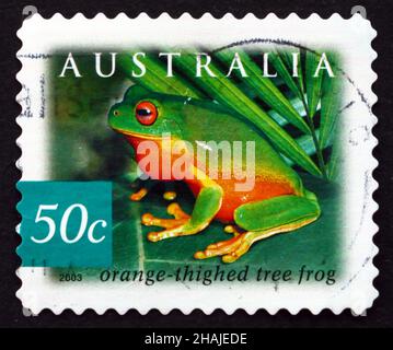 AUSTRALIA - CIRCA 2003: Un francobollo stampato in Australia mostra Orange-Thighed Tree Frog, Litoria Xanthomera, Amphibian, circa 2003 Foto Stock