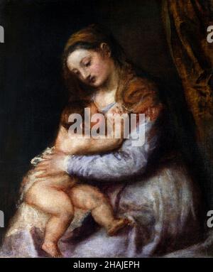 La Vergine succhia il Cristo Bambino di Tiziano Vecellio (Tiziano - 1490-1576), olio su tela, c.. 1565-75 Foto Stock