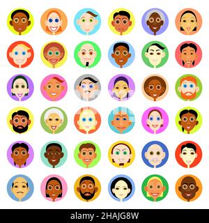 Avatar multietnici impostati in stile vettoriale piatto. Donna e uomini sorridenti affrontano icone rotonde. Illustrazione Vettoriale