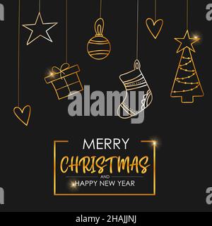 Allegro banner di natale su sfondo scuro - tema invito concetto. Banner e modello di design per biglietti d'auguri per buone feste. Illustrazione Vettoriale