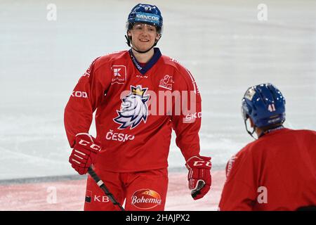 Praga, Repubblica Ceca. 13th Dic 2021. Il ceco Michal Kovarcik è in azione durante la sessione di allenamento prima del torneo di hockey su ghiaccio Channel One Cup, che fa parte dell'Euro Hockey Tour di Praga, Repubblica Ceca, 13 dicembre 2021. Credit: Michal Kamaryt/CTK Photo/Alamy Live News Foto Stock