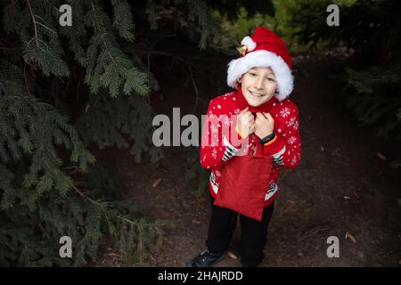 Un ragazzo in un maglione di Natale a maglia rossa con una renna di Natale e un cappello Babbo Natale tiene una borsa rossa con regali in mano ai bordi del pi Foto Stock