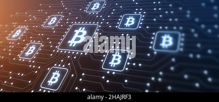 Bitcoin criptatura e illustrazione blockchain con simbolo della criptovaluta nel circuito elettronico. Potenza di elaborazione, investimento. Foto Stock