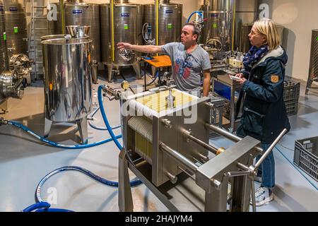 Moderno frantoio Chateau de Taurenne a Aups, Francia. In primo piano un sistema di filtraggio, qui l'ultima sostanza sospesa viene rimossa dall'olio d'oliva prima che gli oli monovarietali vengano riempiti nei serbatoi di acciaio inossidabile. L'imbottigliamento avviene come richiesto Foto Stock