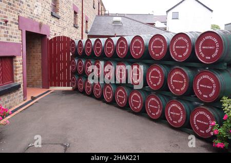 Bushmills, Norhtern Ireland (UK): File di botti di whiskey presso la vecchia distilleria di Bushmills Foto Stock