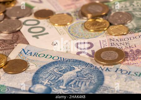 Una composizione di Zloty polacco. Le banconote e le monete PLN offrono grandi opzioni da utilizzare per illustrare argomenti come business, banche, media, ecc. Foto Stock