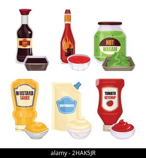 Confezione di salsa composizione realistica con immagini isolate di salse in confezioni con piatti e illustrazione vettoriale di testo modificabile Illustrazione Vettoriale