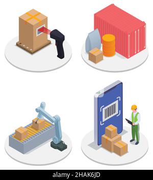 Isometric Modern warehouse Icon Set di icone scanner Storage bin Robotica ARM Worker controlla le scatole contro lo scanner su supporto rotondo illustrazione vettoriale Illustrazione Vettoriale