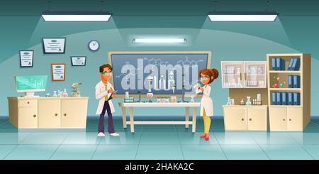 Scienziati cartoon composizione colorata due colleghi conducono esperimenti e registrano i risultati sulla lavagna e in un notebook Illustrazione Vettoriale