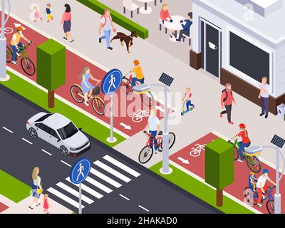 Strada trafficata della città con passeggiate a piedi e in bicicletta lungo piste ciclabili persone 3D isometrico vettore illustrazione Illustrazione Vettoriale