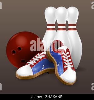 Composizione realistica del bowling con immagini di scarpe colorate e palla con piedini in piedi su sfondo grigio illustrazione vettoriale Illustrazione Vettoriale