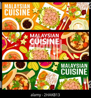 Striscioni di cibo della cucina malese, riso asiatico e piatti al curry malese, sfondo vettoriale del menu tradizionale. Insalate di Kuala Lumpur e piatti di pesce con cocco Illustrazione Vettoriale