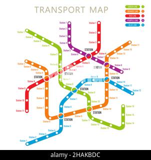 Mappa del sistema di trasporto metropolitano, metropolitano o sotterraneo, schema della linea della stazione metropolitana urbana, vettore. Metropolitana o metropolitana o treni piani per Illustrazione Vettoriale