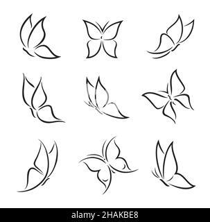 Delineare le sagome e i contorni delle farfalle. Logo di insetti vettoriali di Moth con ali aperte e chiuse, farfalla estiva o primaverile isolata. Design tatuaggio, sp Illustrazione Vettoriale