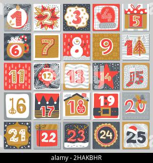 Calendario dell'avvento di Natale o Natale vacanze invernali. Vettore conto alla rovescia a Natale con numeri, regali di Santa, decorazioni albero di Natale e pupazzo di neve, reind Illustrazione Vettoriale
