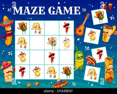 Foglio di lavoro del gioco per bambini Sudoku con fumetti divertenti personaggi del cibo messicano. Sudoku vettore puzzle d gioco con burrito messicano e tacos, nachos, avocado e. Illustrazione Vettoriale
