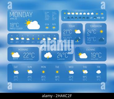 Interfaccia dell'applicazione widget previsioni meteo e meteorologia con tabelle e grafici. Widget vettore previsioni meteo per schermata telefono cellulare, applicazione UI t Illustrazione Vettoriale