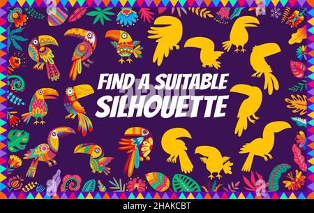 Trova una silhouette adatta per gli uccelli toucan messicani, il foglio di lavoro vettoriale del quiz per bambini. Gioco di puzzle o indovinello, trovare corretta ombra simile di cartone messicano Illustrazione Vettoriale