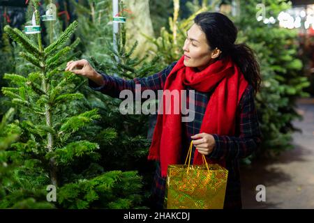 Sorridente cliente asiatico donna acquisto abete albero al mercato di Natale in inverno all'aperto Foto Stock