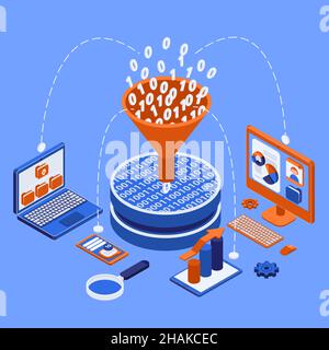 Diagramma di flusso isometrico in cui i big data vengono raccolti in un imbuto e distribuiti attraverso l'illustrazione vettoriale dei dispositivi digitali Illustrazione Vettoriale