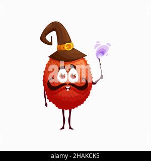 Rambutan lychee frutta mago con bacchetta magica in cappello isolato personaggio cartoon. Divertente strega esotica vettoriale con baffi sul viso, emoticon sorridente f Illustrazione Vettoriale