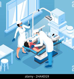 Background isometrico del dentista con paziente in poltrona medica e dentista di lavoro e aiutare l'illustrazione vettoriale Illustrazione Vettoriale