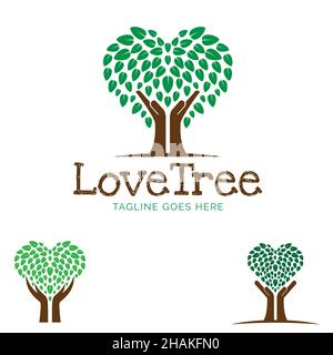 Set di disegno logo albero d'amore o albero di cura . vettore Illustrazione Vettoriale